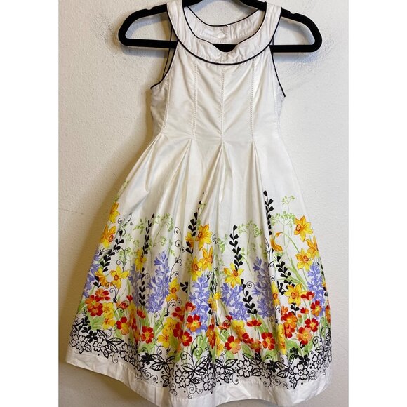 POLLY FINDERS Sleeveless Floral White Dress Fit Flare Lined Tulle Slip Size 4 - Picture 1 of 4
